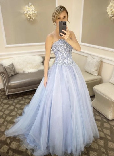 Light Blue Sweetheart Neck Long Lace Prom Dress Evening Dress    cg19225