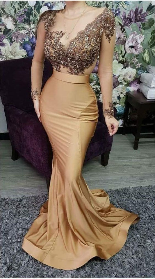 Long Sleeve Mermaid Prom Dress See Through Appliques Beaded Satin Plus Size Formal Evening Dresses Party Gowns    cg19234