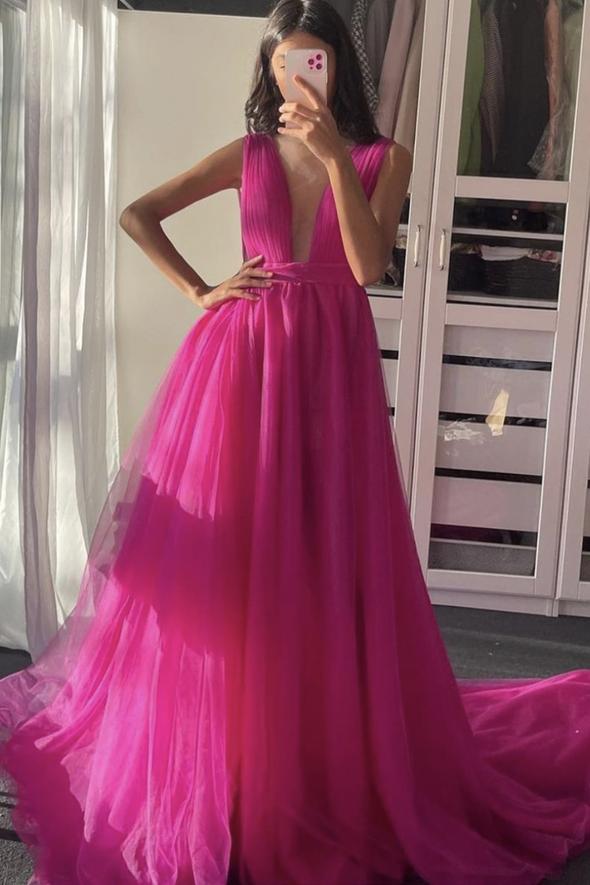 Pink v neck tulle long prom dress pink evening dress    cg19239