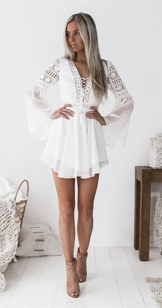 A-Line V-neck Bell Sleeves Short White  homecoming dress cg1924