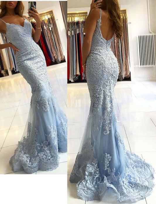 lace blue mermaid prom dress     cg19245