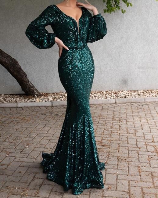 Sparkly Green Long Sleeve Evening Prom Dresses.Charming V-Neck Backless Mermaid Formal Evening Gowns   cg19255
