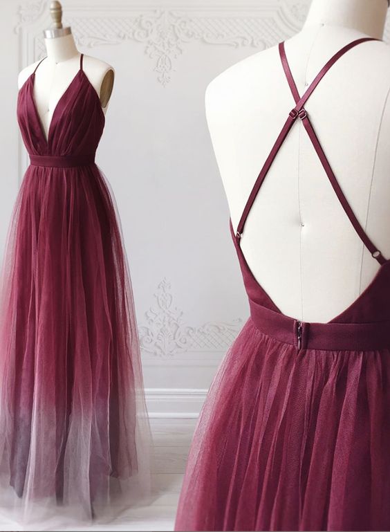 Burgundy v neck tulle long prom dress    cg19271