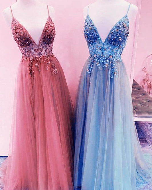 Tulle Prom Dresses Embroidery Beaded V Neck Split    cg19305