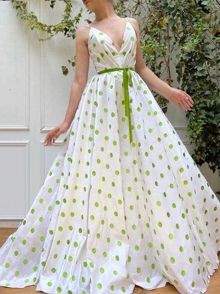 A Line V Neck Green Dot White Long Prom Dresses, Green Dot Long Formal Evening Dresses    cg19314