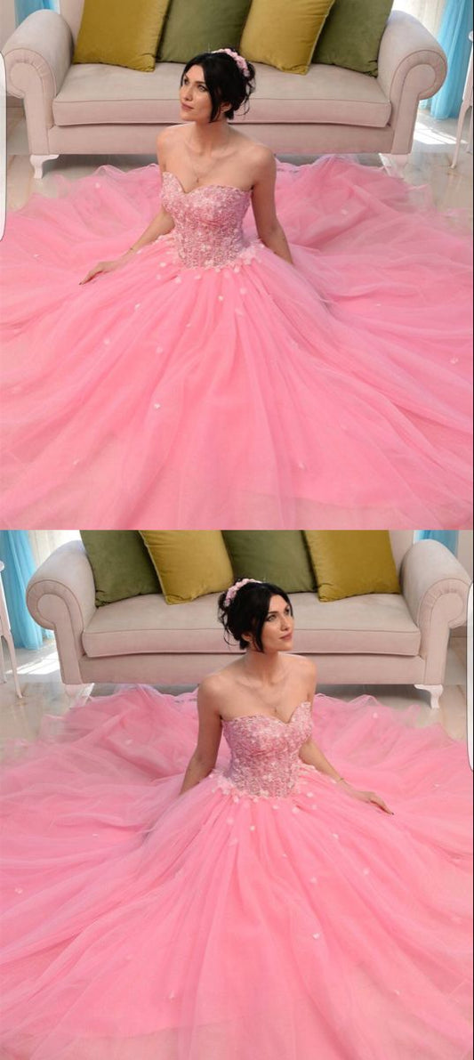 Elegant Long Prom Dresses blush pink quinceanera dresses ball gown sweetheart with 3d flowers   cg19319