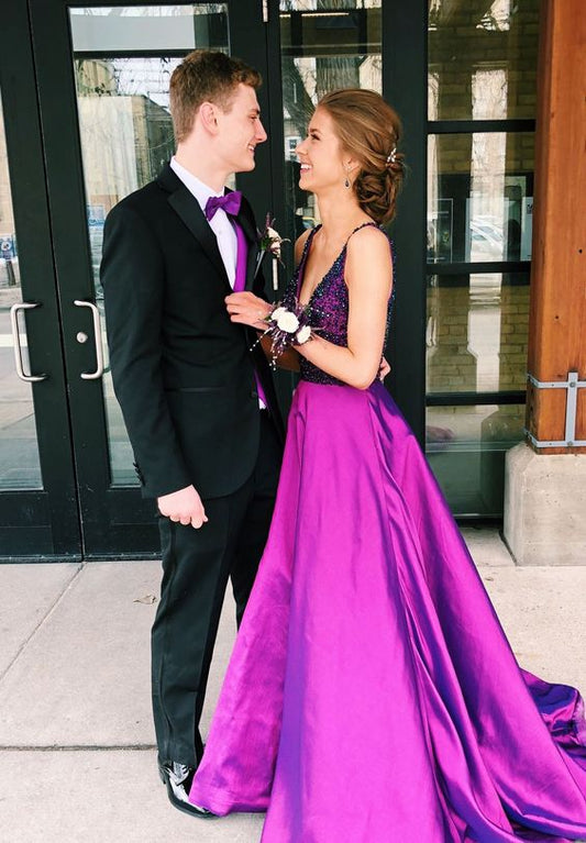 A-Line Satin Long purple Prom Dress with Beading    cg19332