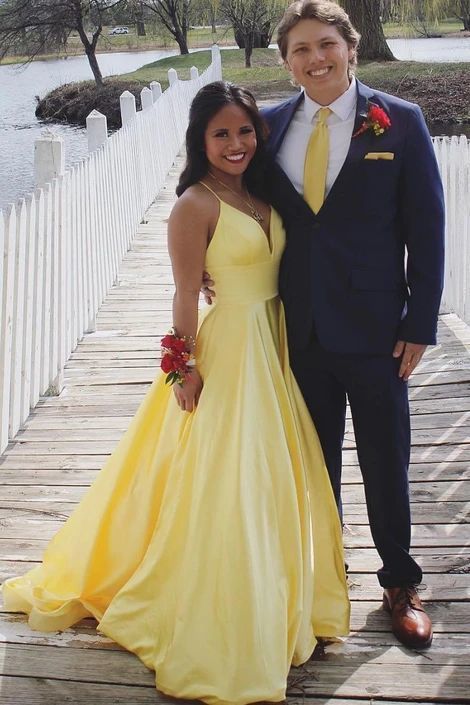 Simple yellow satin long prom dress, yellow evening dress    cg19336