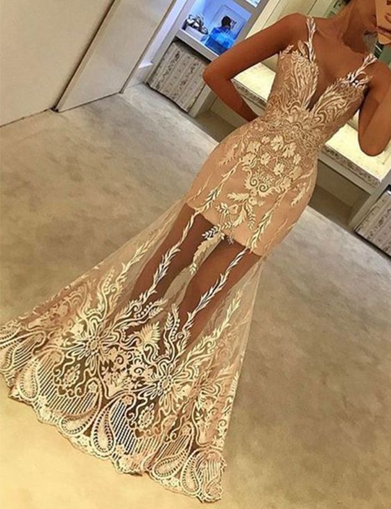 Chic Champagne Prom Dresses Jewel Appliques Mermaid Evening Gowns Long cg1936