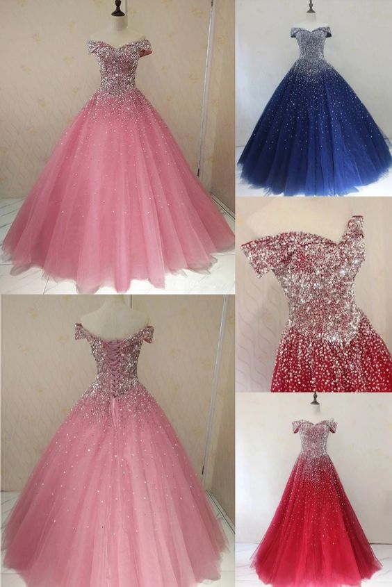 Ball Gown Off-the-shoulder Pink Sparkly Prom Dress Beaded Evening Dress    cg19382