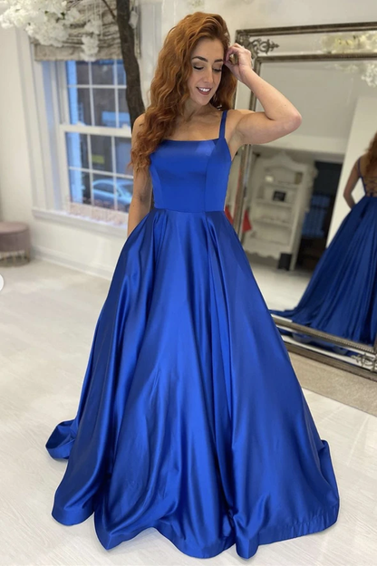 Blue satin long A line prom dress blue evening dress   cg19406