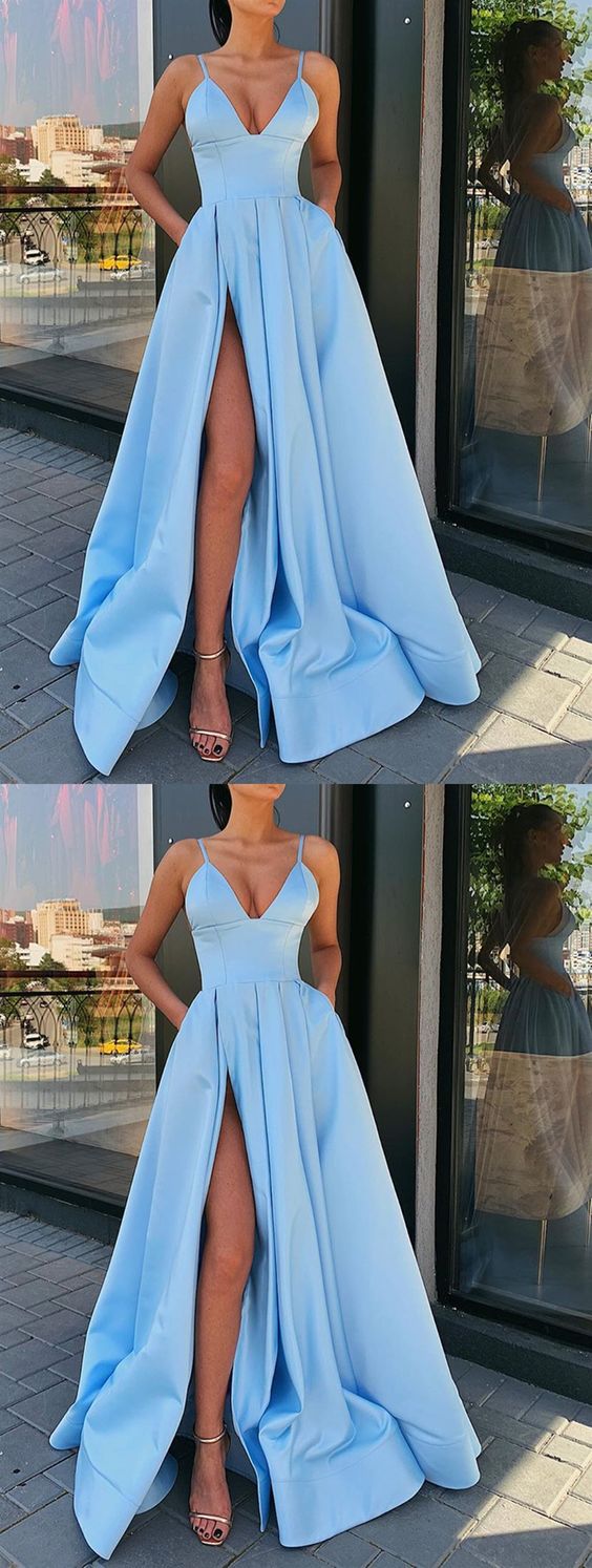 A Line V Neck Blue Long Prom Dress with Leg Slit, V Neck High Slit Formal Evening Dresses  cg1943