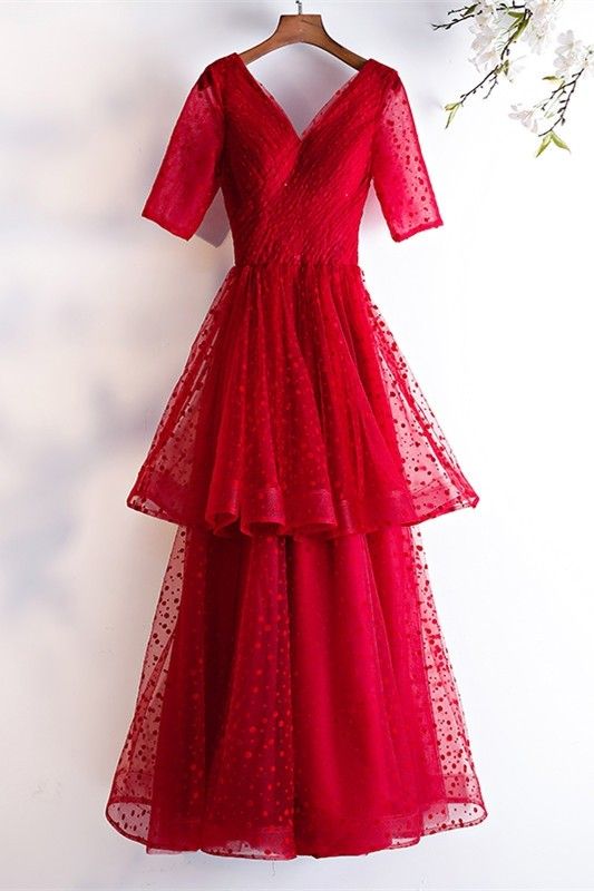 Romantic V Neck Half Sleeve Corset Tiered Dotted Red Tulle Prom Evening Dress    cg19431