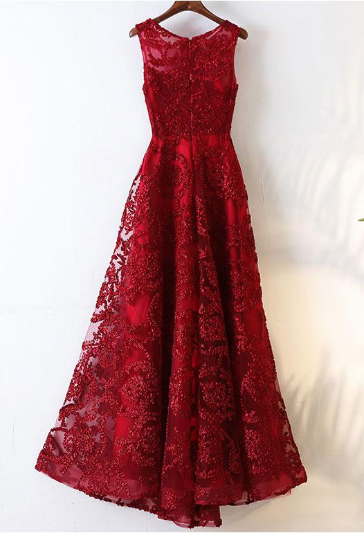 BURGUNDY ROUND NECK LACE LONG PROM DRESS, BURGUNDY EVENING DRESS    cg19433