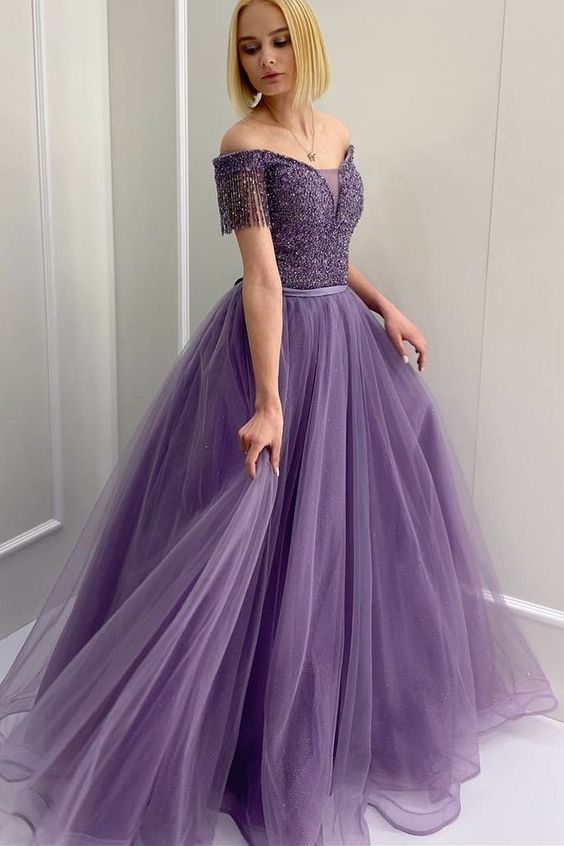 A-line purple tulle long formal prom dress with off the shoulder beads   cg19457