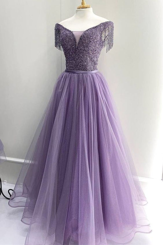 A-line purple tulle long formal prom dress with off the shoulder beads   cg19457