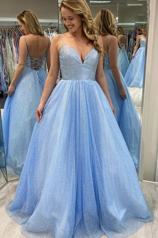 Blue tulle beads long prom dress evening dress    cg19463