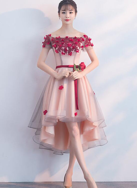 Lovely Flowers High Low Off Shoulder Prom Dress    cg19471