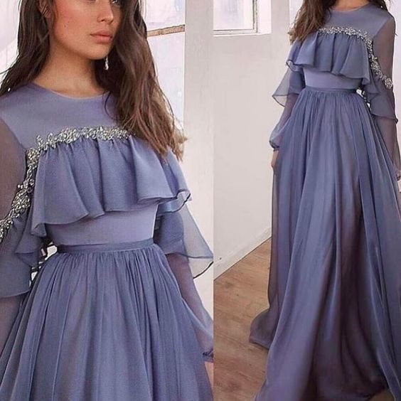 Chiffon prom dresses crew neckline long sleeve evening dresses beaded evening dress party dresses   cg19477