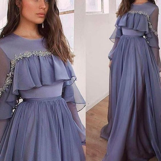 Chiffon prom dresses crew neckline long sleeve evening dresses beaded evening dress party dresses   cg19477