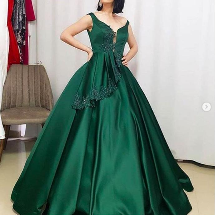 prom dresses 2021 deep v neck lace appliques beading pearls ball gown satin long evening dresses   cg19510