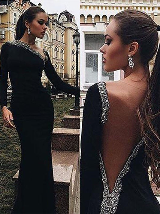 Mermaid Long Sleeves One-Shoulder Spandex Beading Sweep/Brush Train Dresses Prom Dress    cg19526