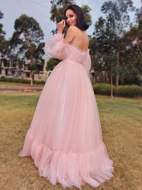 A-Line/Princess Long Sleeves Floor-Length Tulle Applique Off-the-Shoulder Dresse prom Dresses    cg19530