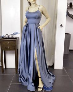 Steel blue satin bridesmaid dresses spaghetti straps satin gown leg split long prom dress evening dress    cg19553