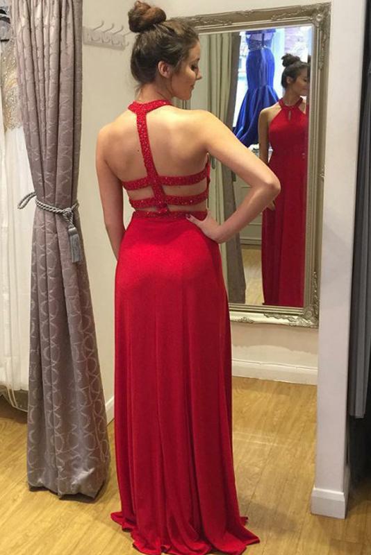 Sexy A-Line Halter Red Long Chiffon Prom Dresses with Beading Keyhole    cg19556