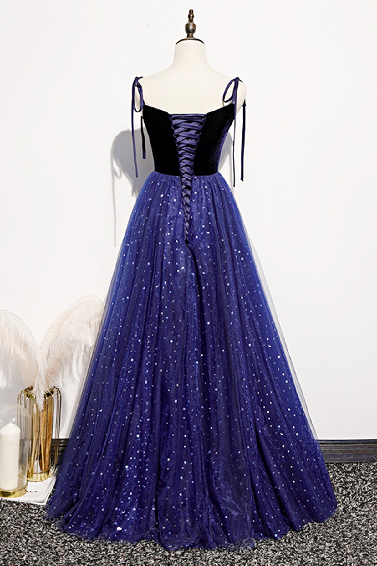 BLUE VELVET TULLE LONG PROM DRESS A LINE EVENING DRESS    cg19564