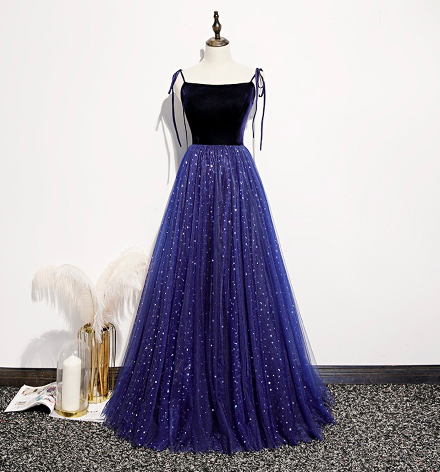 BLUE VELVET TULLE LONG PROM DRESS A LINE EVENING DRESS    cg19564