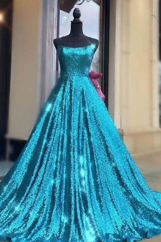 2021 A-line blue sequined long prom dress formal dress    cg19566