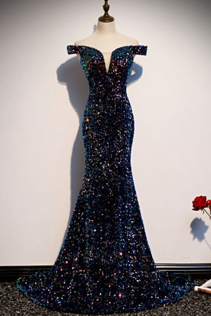 mermaid navy blue sequins evening dress with off the shoulder top prom dress formal dress    cg19570