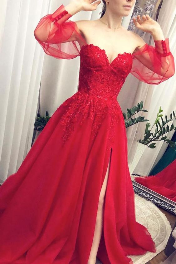 Red tulle lace long prom dress red tulle evening dress    cg19593