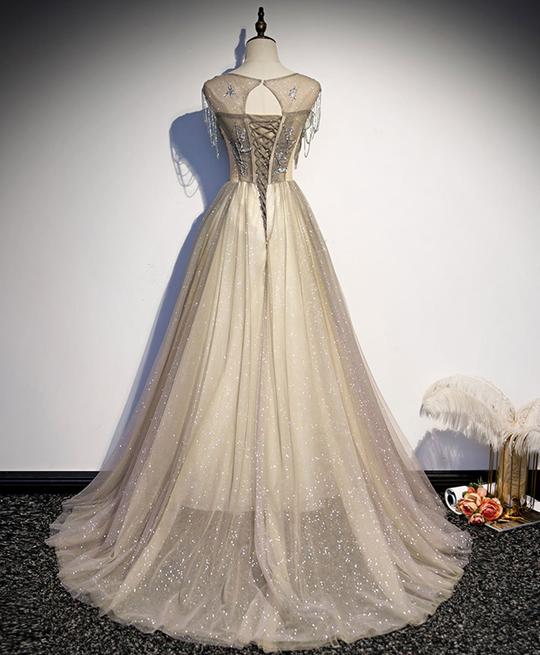 ELEGANT CHAMPAGNE ROUND NECK SEQUIN LONG PROM DRESS TULLE FORMAL DRESS    cg19596