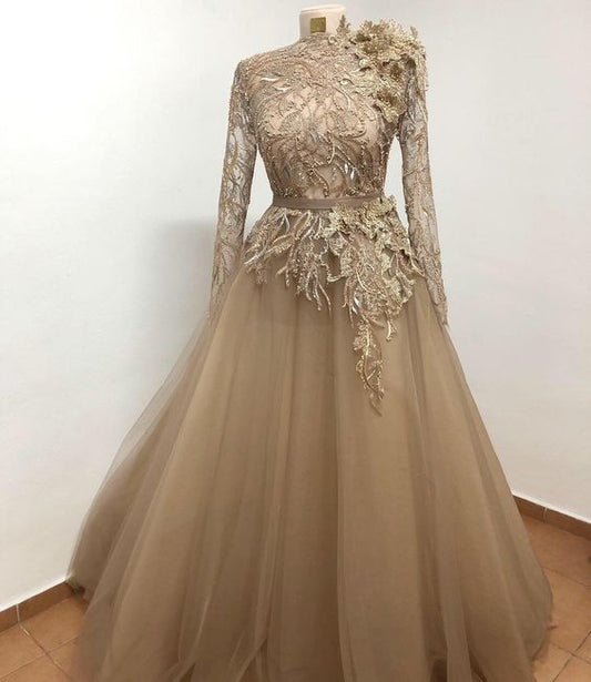 ELEGANT CHAMPAGNE LONG PROM DRESS TULLE FORMAL DRESS    cg19597