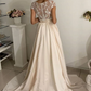 Round Neck Cap Sleeves Light Champagne Lace Long Prom Dress, Champagne Lace Long Formal Evening Dress   cg19627