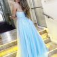 A Line V Neck Backless Light Blue Lace Long Prom Dress, Light Blue Lace Long Formal Evening Dress   cg19628