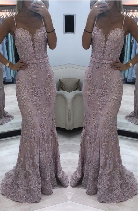Elegant Mauve lace mermaid prom dresses sweetheart spaghetti straps    cg19636