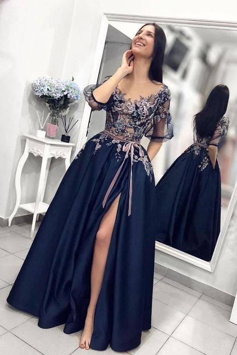 Unique dark blue lace long prom dress, blue evening dress cg1964
