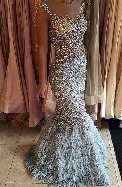 Silver mermaid down with sheer bodice and feathered bottom long prom dress  cg19643