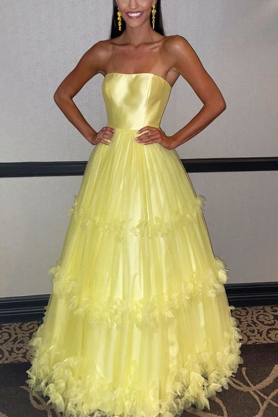 Yellow Long Formal Dress | 2021 Strapless Yellow A-line prom dress    cg19644