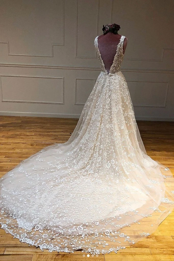 Deep V Neck and V Back Champagne Lace Long Wedding Dresses, Champagne Lace Prom Formal Evening Dresses   cg19655