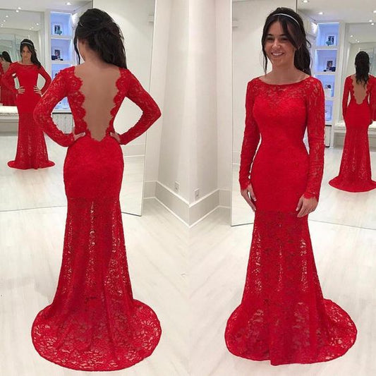 Sexy Backless Red Long Sleeve Lace Mermaid Evening Prom Dresses    cg19671