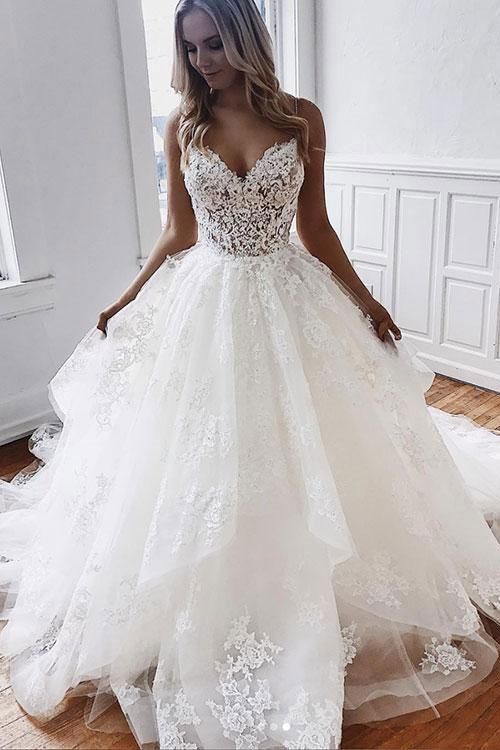 Spaghetti Straps Long Wedding Dresses with Appliques Lace Prom Dresses    cg19678