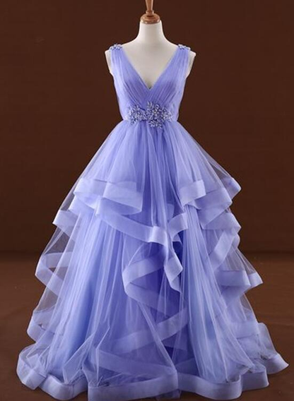 Lavender Tulle V-Neckline Layers Long Sweet 16 Dress, Light Purple Prom Dress Party Dress   cg19681