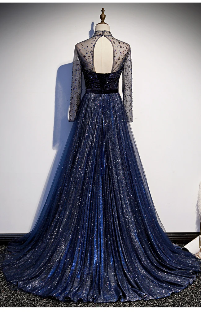 Navy Blue Long Sleeves Shiny Sparkle Long Evening Dress, Sequins Blue Wedding Party prom Dress   cg19682