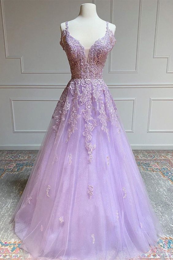 Lilac Tulle A-line Long Prom Dress     cg19740