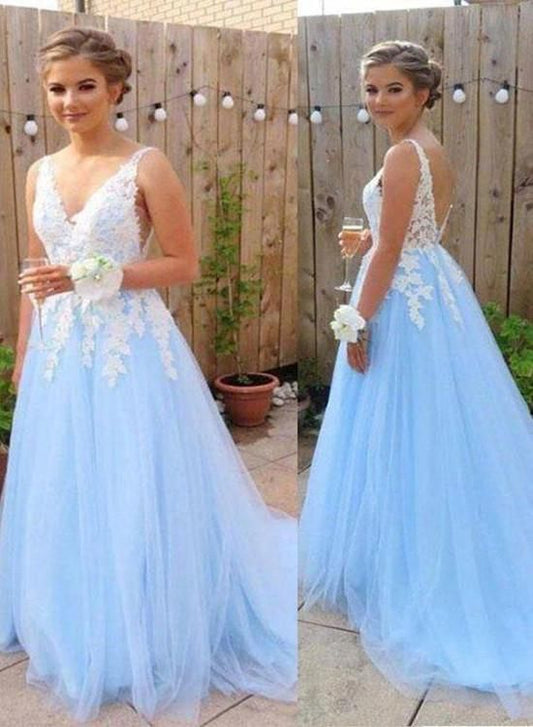 Charming Light Blue V-neckline Tulle Prom Dress with Applique, Lovely Formal Gown    cg19763