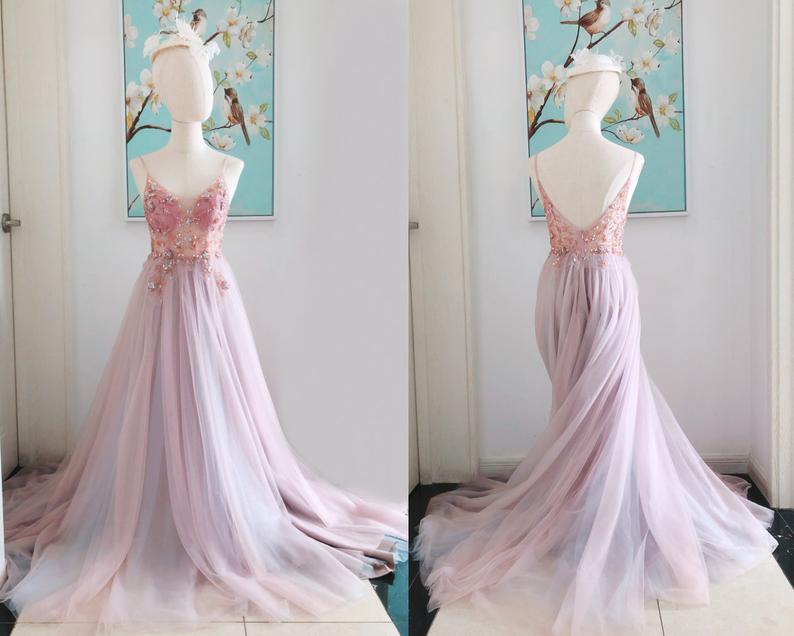 Tulle Pink Prom Dress With Slit Tulle Spaghetti Strap Jewelry Tulle Prom/Evening Dress Christmas Dress    cg19796